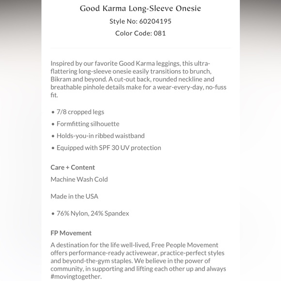 Free People Movement Good Karma Long-Sleeve Onesie Pink Autumn Leaves M/L NEW - Picture 8 of 8